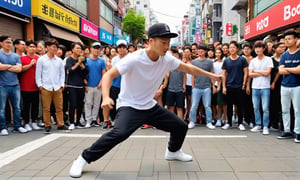 A man b-boying on the streets of Hongdae and countless people watching.
A man doing various salsa steps during b-boying

normal, common sense, ultra realistic, ultra detailed, Ultra-clear, close-up, Perfectly photo-like, 8K, UHD, photo r3al,