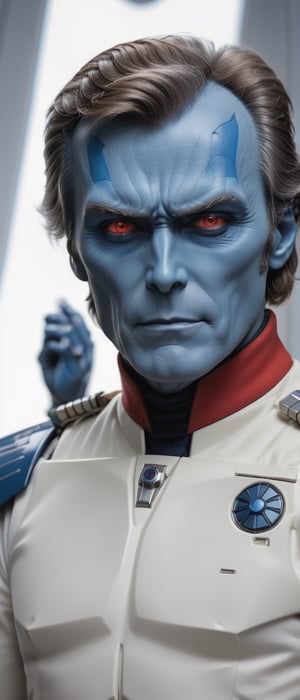 ((masterpiece, best quality)),Clint Eastwood as Adrimal Thrawn, ((Vibirant Blue skin)), Red Eys, (white Admiral uniform), star wars,detailed face,perfect eyes,detailed hands,light background,mix of fantasy and realistic elements,vibrant manga,uhd picture , vibrant artwork,fairy,SMMars. Fit body.,Germany Male,man,detailmaster2