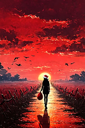 (Best quality, ultra detailed, masterpiece), cloudy sky, (hazy red sunset:1.2), 1 girl with Santa hat, walking, (silhouette), sad atmosphere, (red scenery:1.2), (red focus), bird, country, christmas theme, masterpiece, best quality
