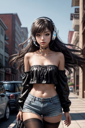 ((Hyper Detail)), masterpiece, ultra-detailed, 1 girl, long hair,  beautiful girl,(big thighs),pantyhose,full_body shot,mini shorts,wide_hips,strapless,hair in wind,headphone,holding guytare