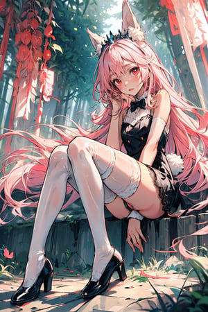 A cute little girl with bunny ears, wearing a lace dress and white thigh high stockings, blue fluffy shoes, tiara on her head, red eyes, extremely white skin, long pink hair, in indirect linear lighting in a forest background with wolves lurking. 