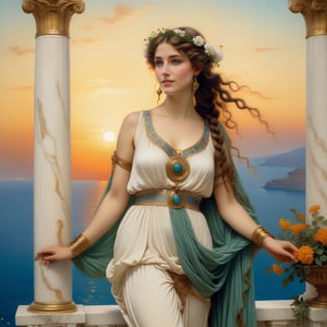 beautiful maiden, from Eresos or Mytilene on the island of Lesbos, greek woman, exquisite symmetric face, serene expression, make up, big light ultra detailed eyes, thick wavy  extremely long white blonde wavy, wind blown hair, elaborate hair braids and buns, soft shiny healthy skin, flowers in hair, opulent attire, maiden is wearing an elaborate, vivid colored revealing dress, beautiful maiden is standing next to a marble column looking out towards the sea, a mesmerizing vision of beauty, smiling, large marble vases with rich green plants & vines, marble architecture, the background is the ocean seen from a greek palatial home, vivid blue ocean, islands in the distance, sun setting on the horizon, stars visible, oil lamps flickering, hanging from high up on the columns, in the style of john william godward, Sir Lawrence Alma Tadema, neo-classical, pre-raphaelite, style, rich colors, ultra detailed, magic, epic, fantasy, baroque, (full body view, side view, head to toes), 