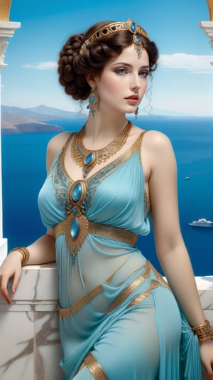 A gorgeous woman, exquisite symmetric face,make up, big ice blue ultra detailed eyes,soft shiny skin, opulent, exquisite elaborate dress, studio photo,majestic,opulent,filigree jewelleries,john william godward, classical pre-raphaelite style, rich colors,untra-detailed,magic,epic,fantasy,barok,(full body sideview:1.3), background of the ocean from a greek palatial home, vivid blue ocean, islands in the distance, blue sky,
