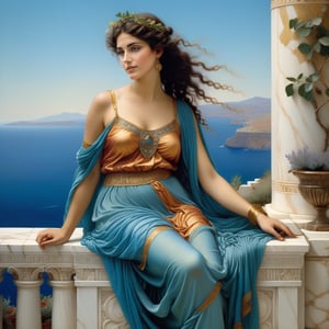 beautiful sappho, greek, lesbos woman, exquisite symmetric face, serene expression, make up, big light ultra detailed eyes, thick wavy very black long curly, wind blown hair, soft shiny, sun kissed skin, opulent, exquisite revealing elaborate dresses of rich gold, and royal colors  see-through fabric, beautiful sappho the poet is sitting on a marble bench playing the lyre, mesmerized watching sappho exquisite marble tile floor, smiling, large marble vases with plants & vines, marble architecture, platters of fresh ripe fruits, bowls of olives, chalaces of red wine, the background is the ocean seen from a greek palatial home, vivid blue ocean, islands in the distance, vivid clear blue sky,majestic, in the style of john william godward and Sir Lawrence Alma Tadema, neo-classical pre-raphaelite, style, rich colors, ultra detailed, magic, epic, fantasy, baroque, (full body front view:1.3), 