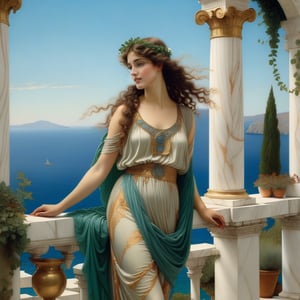 beautiful maiden, from Eresos or Mytilene on the island of Lesbos, greek woman, exquisite symmetric face, serene expression, make up, big light ultra detailed eyes, thick wavy very black extremely long blonde curly, wind blown hair, soft shiny, sun kissed skin, opulent, exquisite revealing elaborate dresse beautiful maiden is leaning up against a marble column looking out towards the sea, l is mesmerizing, smiling, large marble vases with rich green plants & vines, marble architecture,  the background is the ocean seen from a greek palatial home, vivid blue ocean, islands in the distance, vivid clear blue sky, majestic, in the style of john william godward, Sir Lawrence Alma Tadema, neo-classical, pre-raphaelite, style, rich colors, ultra detailed, magic, epic, fantasy, baroque, (full body side view), 