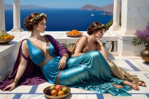 two gorgeous women, exquisite symmetric faces, serene expressions, make up, big light  ultra detailed eyes, curly, wind blown, thick  hair,soft shiny skin, opulent, exquisite elaborate dress in purples, red, gold, blue, green satin and silk gossimer fabric, gladiator strappy sandals, both women, best friends, lying on a fur rug, talking to each other, exquisite marble floor and architecture, vases, platters of fresh ripe fruits, bowls of olives, chalaces of red wine, background overlooking ocean from a greek palatial home, vivid blue ocean, islands in the distance, vivid clear blue sky,majestic,opulent,filigree jewelleries,john william godward, classical pre-raphaelite style, rich colors,untra-detailed,magic,epic,fantasy,barok,(full body sideview:1.3), 