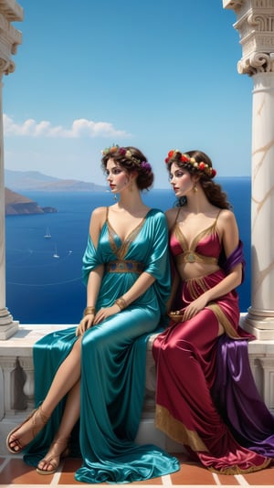 two gorgeous women, exquisite symmetric faces, serene expressions, make up, big light  ultra detailed eyes, curly, wind blown, thick  hair,soft shiny skin, opulent, exquisite elaborate dress in purples, red, gold, blue, green satin and silk gossimer fabric, gladiator strappy sandals, both women, best friends, lying on a fur rug, talking to each other, exquisite marble floor and architecture, vases, platters of fresh ripe fruits, bowls of olives, chalaces of red wine, background overlooking ocean from a greek palatial home, vivid blue ocean, islands in the distance, vivid clear blue sky,majestic,opulent,filigree jewelleries,john william godward, classical pre-raphaelite style, rich colors,untra-detailed,magic,epic,fantasy,barok,(full body sideview:1.3), 