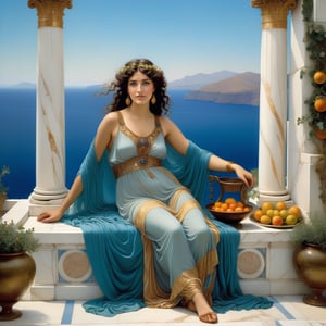 beautiful sappho, greek, lesbos woman, exquisite symmetric face, serene expression, make up, big light ultra detailed eyes, thick wavy very black long curly, wind blown hair, soft shiny, sun kissed skin, opulent, exquisite revealing elaborate dresses of rich gold, and royal colors  see-through fabric, beautiful sappho the poet is sitting on a marble bench playing the lyre, mesmerized watching sappho exquisite marble tile floor, smiling, large marble vases with plants & vines, marble architecture, platters of fresh ripe fruits, bowls of olives, chalaces of red wine, the background is the ocean seen from a greek palatial home, vivid blue ocean, islands in the distance, vivid clear blue sky,majestic, in the style of john william godward and Sir Lawrence Alma Tadema, neo-classical pre-raphaelite, style, rich colors, ultra detailed, magic, epic, fantasy, baroque, (full body front view:1.3), 