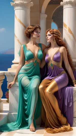 two gorgeous women, exquisite symmetric faces, serene expressions, make up, big light ultra detailed eyes, one woman with blond curly, wind blown, thick hair, the other woman with straight thick wind blown light red hair, soft shiny skin, opulent, exquisite elaborate dresses draped in rich gold, purple, green gossimer thin see-through fabric, elaborate jewelry, gladiator strappy sandals, both women, best friends, lying on a fur rug recumbant, on an exquisite marble tile floor, smiling at each other, talking to each other, exquisite marble floor and architecture, vases, platters of fresh ripe fruits, bowls of olives, chalaces of red wine, background overlooking ocean from a greek palatial home, vivid blue ocean, islands in the distance, vivid clear blue sky, majestic, opulent, filigree jewelleries, john william godward, neo-classical pre-raphaelite, Sir Lawrence Alma Tadema style, rich colors, ultra detailed, magic, epic, fantasy, barok, (full body sideview:1.3)