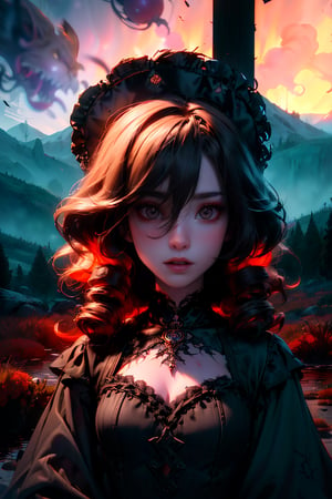 A witch dressed in a light Gothic lolita dress adorned with red lace and ruffles and floral embroidery. She is turning to look at the camera. Her ash hair is styled in curly looks, with ringlets, slightly disheveled, Strand of hair between the eyes. Makeup creates a doll-like appearance with pale skin, dark eyeliner, and bold, dark lips. Cottage in the mountains in the background. Ominous atmosphere, Artstation, Rembrandt lighting, vibrant colors, intricate details, octane render, 64k, photorealistic, a masterpiece.,Darkness Kitten 