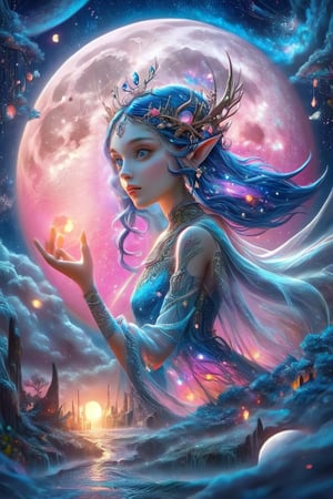 extremely detailed intricate double exposure portrait surreal colorful illustration gorgeous elf twilight princess with a beautiful vibrant gorgeous fantasy world, full moon, stars, blue orange and pink color harmony, moonlight, octane render, sharp focus, vibrant colors, cluttered maximalism,Decora_SWstyle,style