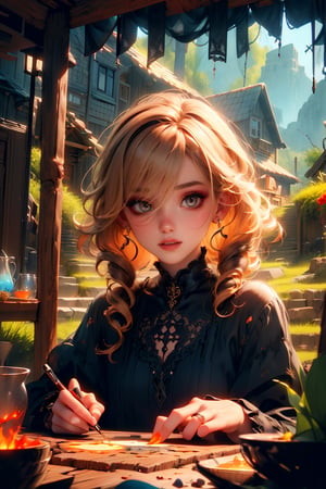 A witch dressed in a striped Gothic lolita dress adorned with red lace and ruffles and floral embroidery is turning to look at the camera. She wears a gold neklace. Her blonde hair is styled in curly looks, with ringlets, slightly disheveled, Strand of hair between the eyes. Makeup creates a doll-like appearance with pale skin, dark eyeliner, and bold, dark lips. Cottage in the mountains in the background. Ominous atmosphere, Artstation, Rembrandt lighting, vibrant colors, intricate details, octane render, 64k, photorealistic, a masterpiece.,Darkness Kitten ,watercolor