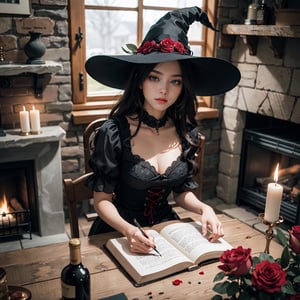 An artistic vision of an alluring and hot witch dressed in gothic Lolita attire and a hat embroidered with red flowers. Long hair,  wavy hair,  slightly disheveled,  and hair between her eyes. She is sitting on a trunk by a fireplace in her country stonehouse. Glowing magical book on her lap. BREAK On the table stands a bunch of roses, a cup and a wine bottle. Kerosene lamps and candles. Cluttered maximalism. Haunting atmosphere. Intricately detailed. High angle. Practical lighting. Photorealistic. Fisheye lens. Masterpiece.