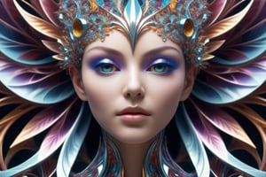 surreal photography of a stunningly, chrome face symmetry, masterpiece, award - winning, sharp focus, concept art, high key, ambient lighting, 8k, octane render, (masterpiece, top quality, best quality, official art, beautiful and aesthetic:1.2), extreme detailed, (fractal art:1.3), colorful, highest detailed, angelic realm, DonMF41ryW1ng5