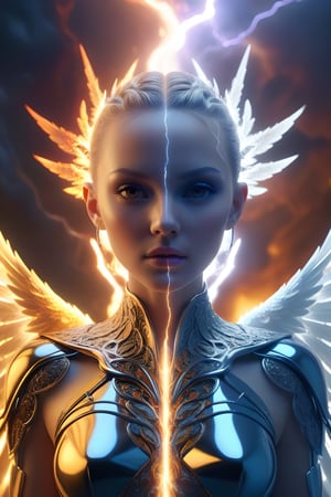 surreal photography of a stunningly, chrome face symmetry, masterpiece, award - winning, sharp focus, concept art, high key, ambient lighting, 8k, octane render, (masterpiece, top quality, best quality, official art, beautiful and aesthetic:1.2), extreme detailed, (fractal art:1.3), colorful, highest detailed, angelic realm, angels, lightning, fire, dimension, full body, DonMF41ryW1ng5
