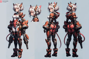 (simple white background), (a girl from Standing Pose), (Full body shots : (front:1.0) (Profile:1.0) (Rear:1.0)),simple backgound character sheet, model sheet, turnaround, multiple views of the same character,Beautiful women with cat like ears wearing a suit (bodysuit) that is a tight fit. medium breasts, slime thicc, multicolor eyes, multicolor hair,  perfect image unfolds with 8k resolution,mecha,