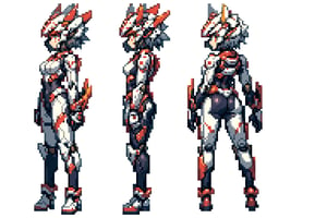 (simple white background), (a girl from Standing Pose), (Full body shots : (front:1.0) (Profile:1.0) (Rear:1.0)),simple backgound character sheet, model sheet, turnaround, multiple views of the same character,Beautiful women with cat like ears wearing a suit (bodysuit) that is a tight fit. medium breasts, slime thicc, multicolor eyes, multicolor hair, a girl is running,  perfect image unfolds with 8k resolution,mecha,Pixel art