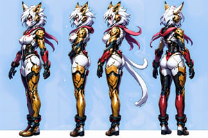 (simple white background), (a girl from Standing Pose), (Full body shots : (front:1.0) (Profile:1.0) (Rear:1.0)),simple backgound character sheet, model sheet, turnaround, multiple views of the same character,Beautiful women with cat like ears wearing a suit (bodysuit) that is a tight fit. medium breasts, slime thicc, multicolor eyes, multicolor hair,  perfect image unfolds with 8k resolution,mecha,r1ge,