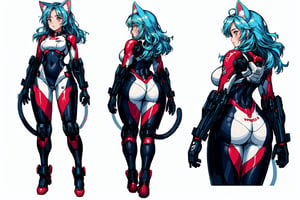 (simple white background), (a girl from Standing Pose), (Full body shots : (front:1.0) (Profile:1.0) (Rear:1.0)),simple backgound character sheet, model sheet, turnaround, multiple views of the same character,Beautiful women with cat like ears wearing a suit (bodysuit) that is a tight fit. medium breasts, slime thicc, multicolor eyes, multicolor hair, a girl is running,  perfect image unfolds with 8k resolution,mecha,Pixel art