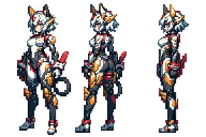 (simple white background), (a girl from Standing Pose), (Full body shots : (front:1.0) (Profile:1.0) (Rear:1.0)),simple backgound character sheet, model sheet, turnaround, multiple views of the same character,Beautiful women with cat like ears wearing a suit (bodysuit) that is a tight fit. medium breasts, slime thicc, multicolor eyes, multicolor hair,  perfect image unfolds with 8k resolution,mecha,Pixel art