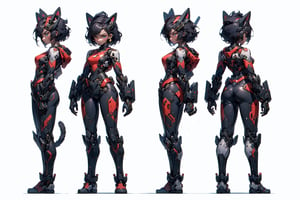 (simple white background), (a girl from Standing Pose), (Full body shots : (front:1.0) (Profile:1.0) (Rear:1.0)),simple backgound character sheet, model sheet, turnaround, multiple views of the same character,Beautiful women with cat like ears wearing a suit (bodysuit) that is a tight fit. medium breasts, slime thicc, multicolor eyes, multicolor hair,  perfect image unfolds with 8k resolution,mecha,r1ge