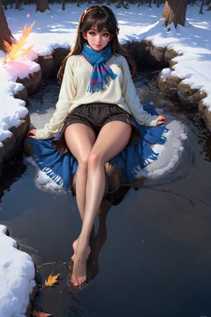 1girl, solo, long hair, blush, bangs, black hair, long sleeves, brown eyes, pantyhose, lying, one eye closed, open clothes, shorts, teeth, artist name, signature, on back, scarf, sweater, coat, black pantyhose, hands up, short shorts, feet out of frame, watermark, black shorts, clenched teeth, snow, open coat, snowing, white sweater, legwear under shorts, winter, blue scarf, plaid scarf, cable knit, aran sweater
