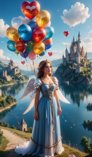 A 20-year-old woman looking in the direction of an unknown object (a familiar face) Angel, angel wings, balloons, heart balloons, wind, rope, earth landscape, medieval castle, lake, mountains, clouds, clear sky, colorful balloons (balloons: 1.5) Blue and white tones, smiles, epic, Celestia, fantasy world, beautiful world.