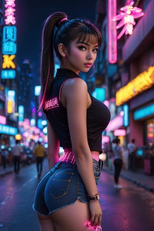 (masterpiece, best quality, 4k, detailed, intricate, realistic), outside, modern city street, night, neon lights, bokeh, depth of field, 1girl, big booty, pink IncursioDipDyedHair, black hair, ponytail, high-waist pants, looking at viewer, shirt,