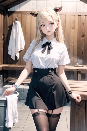 (female): solo, (perfect face), (detailed outfit), (20 years old), inn worker, (cow ears), relaxed, content, (cleaning), pale hair, long hair, asymmetrical hair, blue eyes, light skin, large chest_circumference, (short-sleeve coat), (mini skirt), (black thighhighs), (large ribbon), (friendship bracelet) (background): from front, indoor, (inn), (bathhouse), (towels), (buckets), (stools), evening, (effects): (masterpiece), (best quality), (sharp focus), (depth of field), (high res), more_details:-1, more_details:0, more_details:0.5, more_details:1, more_details:1.5, kawaiitech, pastel colors, kawaii, cute colors

