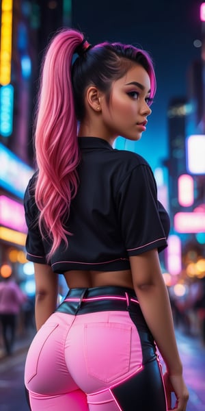 (masterpiece, best quality, 4k, detailed, intricate, realistic),outside,modern city street,night,neon lights,bokeh,depth of field,1girl,big booty,pink IncursioDipDyedHair,black hair,ponytail,high-waist pants,looking at viewer,shirt