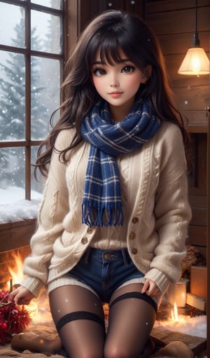 1girl, solo, long hair, blush, bangs, black hair, long sleeves, brown eyes, pantyhose, lying, one eye closed, open clothes, shorts, teeth, artist name, signature, on back, scarf, sweater, coat, black pantyhose, hands up, short shorts, feet out of frame, watermark, black shorts, clenched teeth, snow, open coat, snowing, white sweater, legwear under shorts, winter, blue scarf, plaid scarf, cable knit, aran sweater
