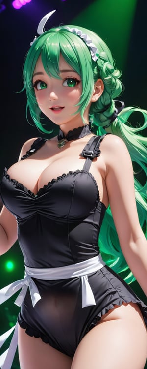 masterpiece, best quality, beautiful detailed face, (beautiful detailed eyes:1.4), 1girl, beautiful lighting, stage lights, dramatic shadows, (dynamic angle, twisting the body, dance, wind lift:1.3), waving, grab the microphone, cute, loli, green hair, (gigantic breasts:1.1), curvy, sexy-maid, blush, sad smile, open mouth, perfect anatomy, perfect body, perfect breasts, more_details:1.5, more prism, vibrant color, more prism, vibrant color, half-closed eyes
