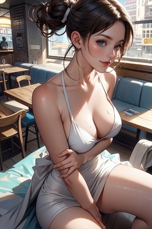 ((top quality)),((masterpiece)),((perfect face)), (ultra-detailed), sharp focus, depth of field, cinematic lighting, detailed outfit, rich in details and textures, coffee shop girl, kawaii,cool,cute,beautiful, medium large breasts, cleavage, She is naked, but only wears an newspaper, a little sweat, Calm soothing look, Warm happy reassuring smile, Customer service is hard work, she does her best, smiles and works hard at her job, dynamic angle, dynamic pose, sharp focus, close-up, Strong wind blowing, newspaper fashion show Anyway, I'm naked, only the vital parts are covered with newspaper, otherwise I'm naked,view from above, Looking at viewer, The vital part is from the chest to the crotch