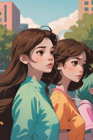 Three girls, teenagers, left green clothes, center dressed in pink, right dressed in blue, their shirts have a star, wavy brown hair, brown eyes, eating in a park,Shadman,perfect