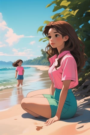 Three girls, teenagers, left green clothes, center dressed in pink, right dressed in blue, their shirts have a star, wavy brown hair, brown eyes, in a beach,Shadman,perfect,Beautiful Beach