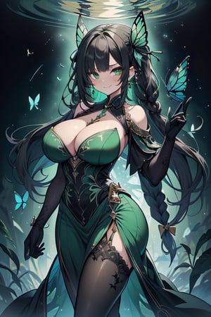 She is a woman of immeasurable beauty, black hair down to her waist, she has a green butterfly ribbon that she braids in her hair, star-shaped earrings, curvy figure, She has an elegant green suit that covers her cleavage, transparent green, black pantyhose, black transparent shoulder-length gloves, blue trim, gold embroidery, green eyes, gesture, serious look, egocentric, big breasts, butterfly, masterpiece, detailed, high quality, very high resolution, narcissistic, contemptuous smile, long skirt, elegant.
