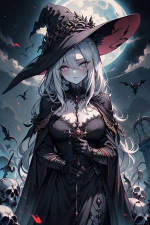 woman with long hair, black witch dress that covers the sky with death, the witch that represents eternity, giver of life and death, the most powerful sorceress in the world, the oldest witch of all, white hair, eyes golden, dying and wasted skin, overlord, goddess of necromancers, mother of all undead, goddess of dark magic.
