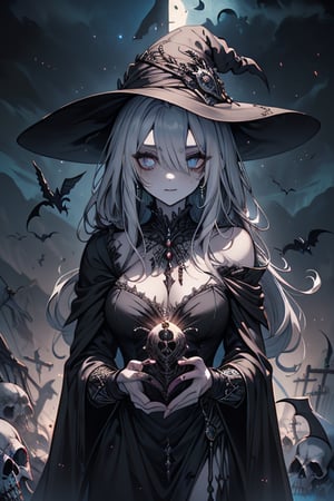 woman with long hair, black witch dress that covers the sky with death, the witch that represents eternity, giver of life and death, the most powerful sorceress in the world, the oldest witch of all, white hair, eyes golden, dying and wasted skin, overlord, goddess of necromancers, mother of all undead, goddess of dark magic.
