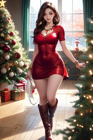 8K, masutepiece, Raw photo, Best Quality, Photorealistic, Highly detailed CG Unity 8k wallpaper, depth of fields, Cinematic Light, Lens Flare, Ray tracing, (Extremely beautiful face, Beautiful lips, Beautiful eyes), intricate detail face, ((Ultra detailed skin)) A girl wearing Christmas costume, Pretty Korean girl, Kpop Idol, (Very slim and slender fit muscular body:1.3), ((Looking at Viewer)),(Big smile:1.3), ( (Blurred background), Dim light), (No people in the background:1.3), Beautiful earrings, Bracelets, Necklace, pantyhose, Clear eyes, Walking , Front shot, (pale skin), (Big eyes), Face forward, (Full body shot), (Brown hairs), open navel, (Looking at Viewer:1.3), Very slim, medium breasts, thick thighs, turn back, (fluttering mini dress), ((Bright dark red metallic color dress)), (Tight skirt), (Knee-high enamel boots:1.2), Ultra mini skirt, upper Shot, Christmas,Christmas Room,Santa Claus