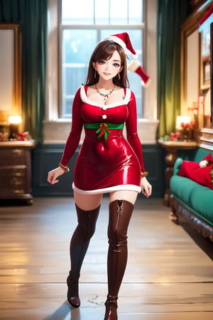 8K, masutepiece, Raw photo, Best Quality, Photorealistic, Highly detailed CG Unity 8k wallpaper, depth of fields, Cinematic Light, Lens Flare, Ray tracing, (Extremely beautiful face, Beautiful lips, Beautiful eyes), intricate detail face, ((Ultra detailed skin)) A girl wearing Christmas costume, Pretty Korean girl, Kpop Idol, (Very slim and slender fit muscular body:1.3), ((Looking at Viewer)),(Big smile:1.3), ( (Blurred background), Dim light), (No people in the background:1.3), Beautiful earrings, Bracelets, Necklace, pantyhose, Clear eyes, Walking , Front shot, (pale skin), (Big eyes), Face forward, (Full body shot), (Brown hairs), open navel, (Looking at Viewer:1.3), Very slim, medium breasts, thick thighs, turn back, (fluttering mini dress), ((Bright dark red metallic color dress)), (Tight skirt), (Knee-high enamel boots:1.2), Ultra mini skirt, upper Shot, Christmas,Christmas Room,Santa Claus