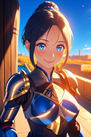 generate an girl, ponytail, blue eyes, 4k, realistic, lovely smile at viewer, cute pose,  armour, cinematic light