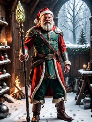 Highly detailed RAW color Photo, candid photo of the cowboy viking santa clause, (masterpiece:1.2), (best quality:1.2), ultra-detailed, absurdres, realistic, photorealistic, hyperdetailed photography, (extremely detailed:1.2), intricate detail, (ultra wide-angle long shot:1.1), Canon 8k DSLR, Leica SL-2 24mm f/2.8, (full body:1.2), wide shot,

esoteric nexus-warder standing in his cozy mystical (medieval:1.33) manor workshop on christmas day, wearing arcane leather armor, ((holding an arcane (staff:1.22):1.44) tipped with a glowing stormfrost crystal:1.33), red armor with gold and black and green details, 

photo r3al, detailmaster2, better_hands, hands, five_finger,

aw0k magnstyle, tall, (small head:1.5),

(perfect eyes:1.2), (perfect face:1.2), perfect hands, (perfect fingers:1.2), (perfect legs:0.5), beautiful hands, perfect teeth, (upturned eyes:1.3)

professional post-production with daVinci Resolve,
