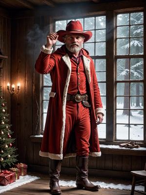 Movie Still, detailmaster2, better_hands, hands, four_fingers, epic cinematography, candid photo of the cowboy gunslinger santa claus, intricate detail, (ultra wide-angle long shot:1.1), shot on Blackmagic URSA Mini Pro 12K, epic movie cinematic, (full body:1.2), wide shot, cinematic lighting, photorealistic, hyperdetailed photography, extreme realism,

santa standing in his cozy mystical (old west:1.33) manor workshop on christmas day, wearing a santa suit, stetson cowboy hat, red hooded cloak with white fur trim, gunbelt, black cowboy boots, old west homestead, vaulted window, forest in background, aw0k magnstyle, tall, (small head:1.5), fierce, cheerful, proud mood, fog, low lighting, flawless clarity, cinema quality, deep focus, chiaroscuro, unsplash, RAW image,

(perfect eyes:1.2), (perfect face:1.2), perfect hands, (perfect fingers:1.2), (perfect legs:0.5), beautiful hands, perfect teeth, (upturned eyes:1.3)

professional post-production with daVinci Resolve,

detailed skin texture, (blush:0.5), (goosebumps:0.5), subsurface scattering, textured skin, realistic dull skin noise, visible skin detail, skin fuzz, dry skin, natural light, perfect lighting, (rim light), softbox, 3-point lighting, eye light, low key light, dim light, backlit, backlighting, particle effects, god rays,