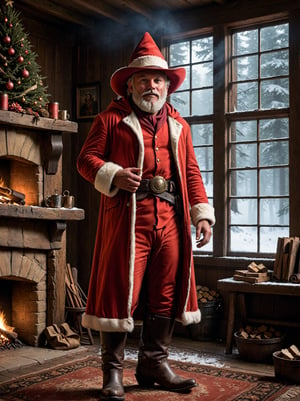 Movie Still, detailmaster2, better_hands, hands, five_finger, epic cinematography, candid photo of the cowboy gunslinger santa claus, intricate detail, (ultra wide-angle long shot:1.1), shot on Blackmagic URSA Mini Pro 12K, epic movie cinematic, (full body:1.2), wide shot, cinematic lighting, photorealistic, hyperdetailed photography, extreme realism,

santa standing in his cozy mystical (old westt:1.33) manor workshop on christmas day, wearing a santa suit, cowboy hat, red hooded cloak with white fur trim, gunbelt, black cowboy boots, old west homestead and cozy fireplace, vaulted window, forest in background, aw0k magnstyle, tall, (small head:1.5), fierce, cheerful, proud mood, fog, low lighting, flawless clarity, cinema quality, deep focus, chiaroscuro, unsplash, RAW image,

(perfect eyes:1.2), (perfect face:1.2), perfect hands, (perfect fingers:1.2), (perfect legs:0.5), beautiful hands, perfect teeth, (upturned eyes:1.3)

professional post-production with daVinci Resolve,

detailed skin texture, (blush:0.5), (goosebumps:0.5), subsurface scattering, textured skin, realistic dull skin noise, visible skin detail, skin fuzz, dry skin, natural light, perfect lighting, (rim light), softbox, 3-point lighting, eye light, low key light, dim light, backlit, backlighting, particle effects, god rays,