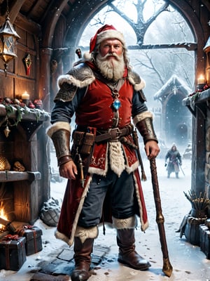 Highly detailed RAW color Photo, candid photo of the cowboy viking santa clause, (masterpiece:1.2), (best quality:1.2), ultra-detailed, absurdres, realistic, photorealistic, hyperdetailed photography, (extremely detailed:1.2), intricate detail, (ultra wide-angle long shot:1.1), Canon 8k DSLR, Leica SL-2 24mm f/2.8, (full body:1.2), wide shot,

esoteric nexus-warder standing in his cozy mystical (medieval:1.33) manor workshop on christmas day, wearing arcane leather armor, ((holding an arcane (staff:1.22):1.44) tipped with a glowing stormfrost crystal:1.33), red armor with gold and black and details, 

photo r3al, detailmaster2, better_hands, hands, five_finger,

aw0k magnstyle, tall, (small head:1.5),

(perfect eyes:1.2), (perfect face:1.2), perfect hands, (perfect fingers:1.2), (perfect legs:0.5), beautiful hands, perfect teeth, (upturned eyes:1.3)

professional post-production with daVinci Resolve,