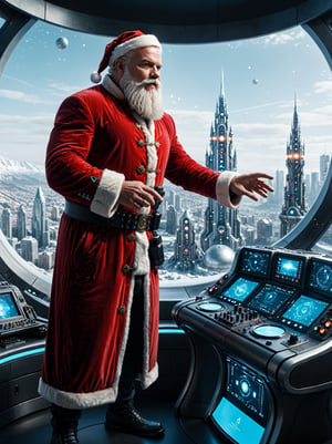Movie Still, detailmaster2, better_hands, hands, five_finger, epic cinematography, candid photo of santa's futuristic cyberpunk style home, interior shot, asrched windows, smooth curves and white accents, glowing antimatter AI instrument panels, domed room with a panoramic view of the christmas cityscape, intricate detail, (ultra wide-angle long shot:1.1), shot on Blackmagic URSA Mini Pro 12K, epic movie cinematic, (full body:1.2), wide shot, cinematic lighting, photorealistic, hyperdetailed photography, extreme realism,professional post-production with daVinci Resolve,
BREAK
santa is a very tall and extraordinarily muscular cyberpunk wizard with long legs and a magificent long white beard,