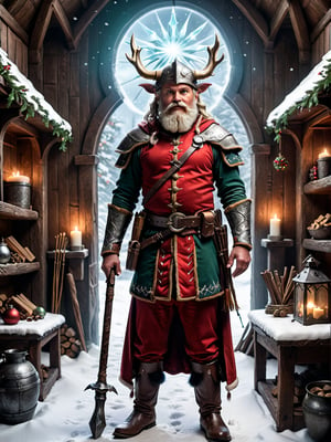 Highly detailed RAW color Photo, candid photo of the cowboy viking santa clause, (masterpiece:1.2), (best quality:1.2), ultra-detailed, absurdres, realistic, photorealistic, hyperdetailed photography, (extremely detailed:1.2), intricate detail, (ultra wide-angle long shot:1.1), Canon 8k DSLR, Leica SL-2 24mm f/2.8, (full body:1.2), wide shot,

esoteric nexus-warder standing in his cozy mystical (medieval:1.33) manor workshop on christmas day, wearing arcane leather armor, ((holding an arcane (staff:1.22):1.44) tipped with a glowing stormfrost crystal:1.33), red armor with gold and black and green details, 

photo r3al, detailmaster2, better_hands, hands, five_finger,

aw0k magnstyle, tall, (small head:1.5),

(perfect eyes:1.2), (perfect face:1.2), perfect hands, (perfect fingers:1.2), (perfect legs:0.5), beautiful hands, perfect teeth, (upturned eyes:1.3)

professional post-production with daVinci Resolve,