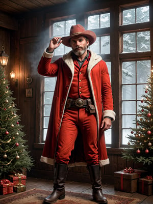 Movie Still, detailmaster2, better_hands, hands, five_finger, epic cinematography, candid photo of the cowboy gunslinger santa claus, intricate detail, (ultra wide-angle long shot:1.1), shot on Blackmagic URSA Mini Pro 12K, epic movie cinematic, (full body:1.2), wide shot, cinematic lighting, photorealistic, hyperdetailed photography, extreme realism,

santa in red dead redemption style standing in his cozy mystical (old west:1.33) manor workshop on christmas day, wearing a santa suit, (stetson:0.5) cowboy hat, red hooded cloak with white fur trim, gunbelt, black cowboy boots, magificent long white beard, old west homestead, vaulted window, awesome tall christmas tree, forest in background, aw0k magnstyle, tall, (small head:1.5), fierce, cheerful, proud mood, fog, low lighting, flawless clarity, cinema quality, deep focus, chiaroscuro, unsplash, character design, RAW image,

(perfect eyes:1.2), (perfect face:1.2), perfect hands, (perfect fingers:1.2), (perfect legs:0.5), beautiful hands, perfect teeth, (upturned eyes:1.3)

professional post-production with daVinci Resolve,

detailed skin texture, (blush:0.5), (goosebumps:0.5), subsurface scattering, textured skin, realistic dull skin noise, visible skin detail, skin fuzz, dry skin, natural light, perfect lighting, (rim light), softbox, 3-point lighting, eye light, low key light, dim light, backlit, backlighting, particle effects, god rays,