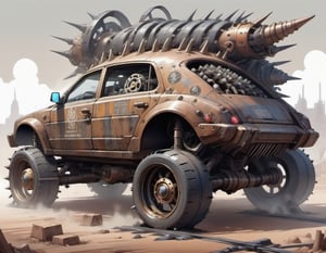 apocalyptic, car, junk, spikes, rust, sketch, multiple tyres, armored, drawing,DonMS4ndW0rldXL,steampunk style