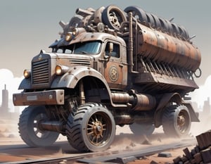 apocalyptic, truck, junk, spikes, rust, sketch, multiple tyres, armored, drawing,DonMS4ndW0rldXL,steampunk style